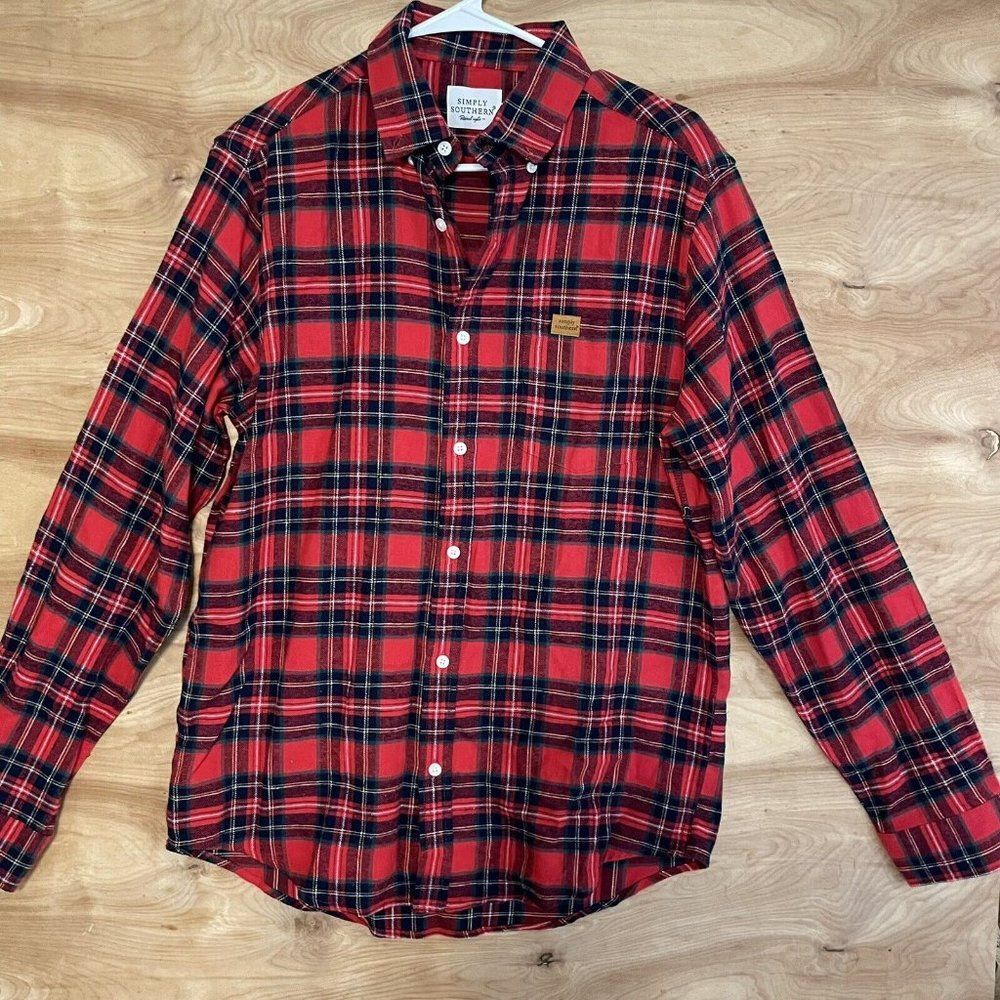 Simply Southern Shirt Mens medium Red tartan plaid Button Down Long Sleeve shirt